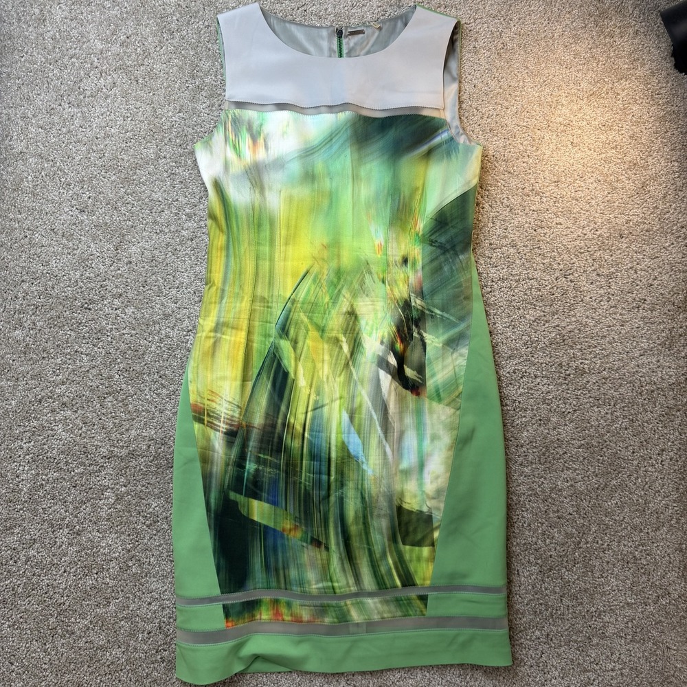 Elie Tahari Dress Womens 10 Green Abstract Sleeveless Round Neck Sheath Pencil